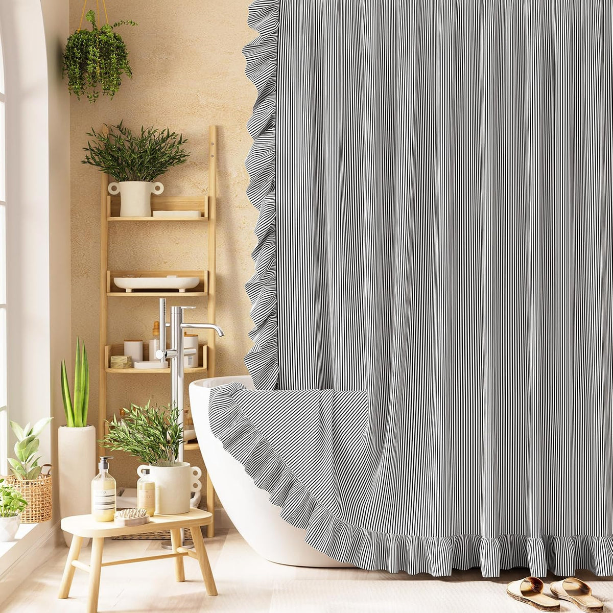 Ruffle Shower Curtain with Three-Side Ruffle, Solid White Farmhouse Curtains, Soft Flowy Layered Fabric, Elegant Spa Style, Clean Minimal Look, Water Repellent,12 Metal Hooks, 72" W x 72" L