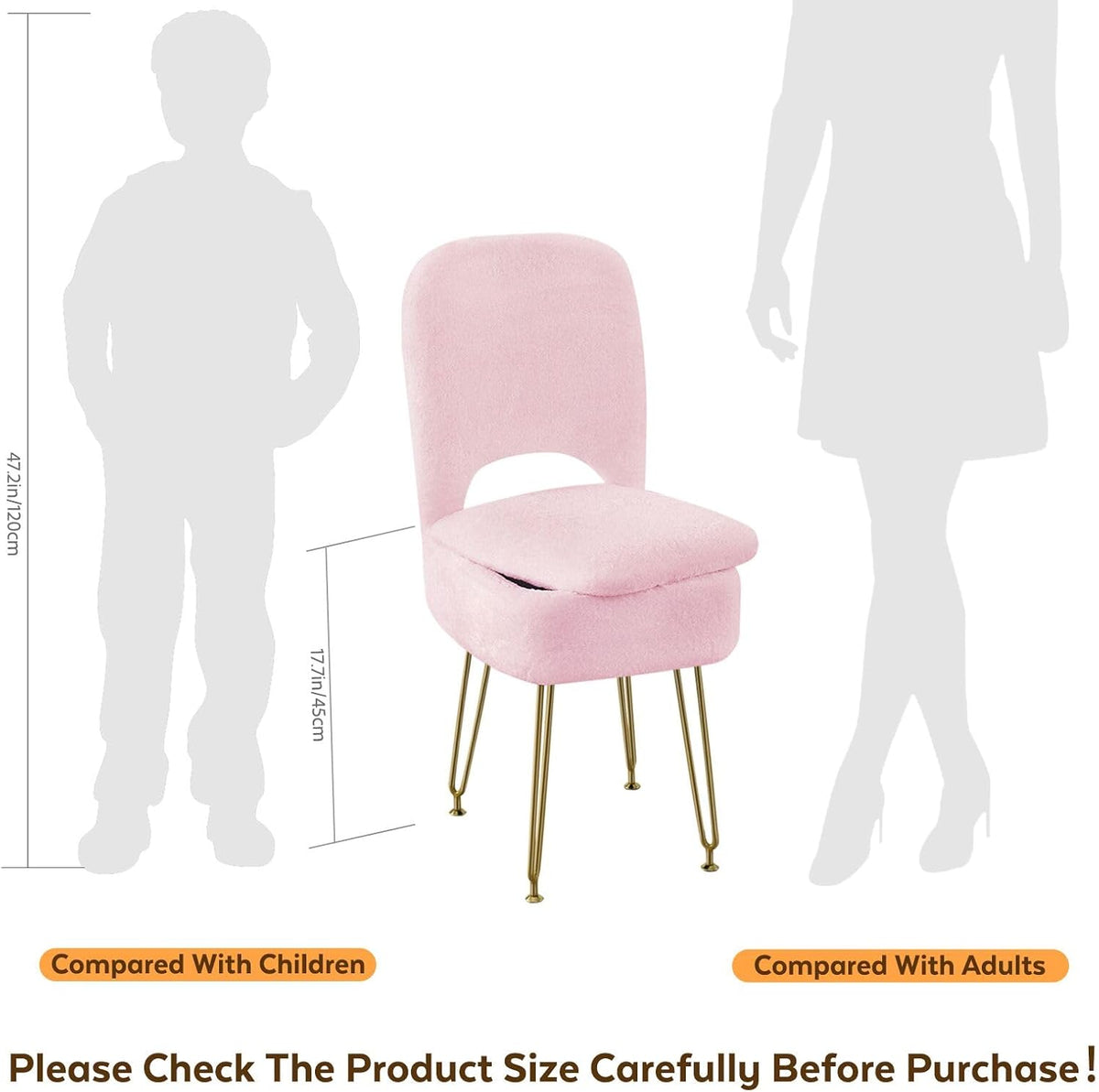 Vanity Chair with Storage and Folding Back, Faux Fur Square Storage Chair, Vanity Stool Chair with 4 Metal Legs for Bedroom, Living Room and Makeup Stations, 13.4"x 15"x 30", White