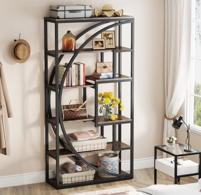 Estantería geométrica moderna con estructura de metal negro y acabado de madera gris - Estante de almacenamiento abierto de varios niveles para sala de estar, dormitorio, oficina o apartamento, elegante organizador expositor industrial
