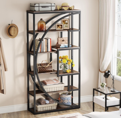 Estantería geométrica moderna con estructura de metal negro y acabado de madera gris - Estante de almacenamiento abierto de varios niveles para sala de estar, dormitorio, oficina o apartamento, elegante organizador expositor industrial