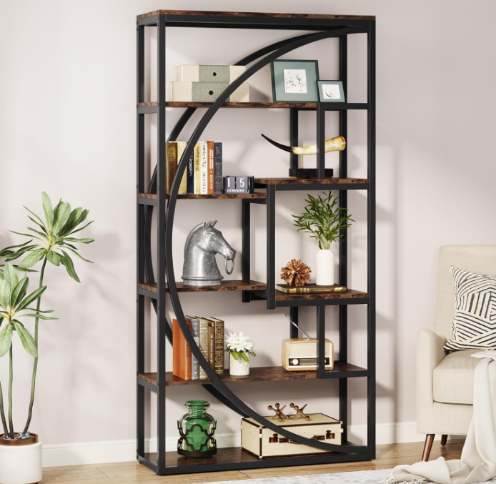 Estantería geométrica moderna con estructura de metal negro y acabado de madera gris - Estante de almacenamiento abierto de varios niveles para sala de estar, dormitorio, oficina o apartamento, elegante organizador expositor industrial