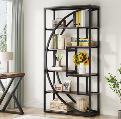 Estantería geométrica moderna con estructura de metal negro y acabado de madera gris - Estante de almacenamiento abierto de varios niveles para sala de estar, dormitorio, oficina o apartamento, elegante organizador expositor industrial