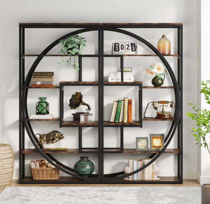 Estantería geométrica moderna con estructura de metal negro y acabado de madera gris - Estante de almacenamiento abierto de varios niveles para sala de estar, dormitorio, oficina o apartamento, elegante organizador expositor industrial