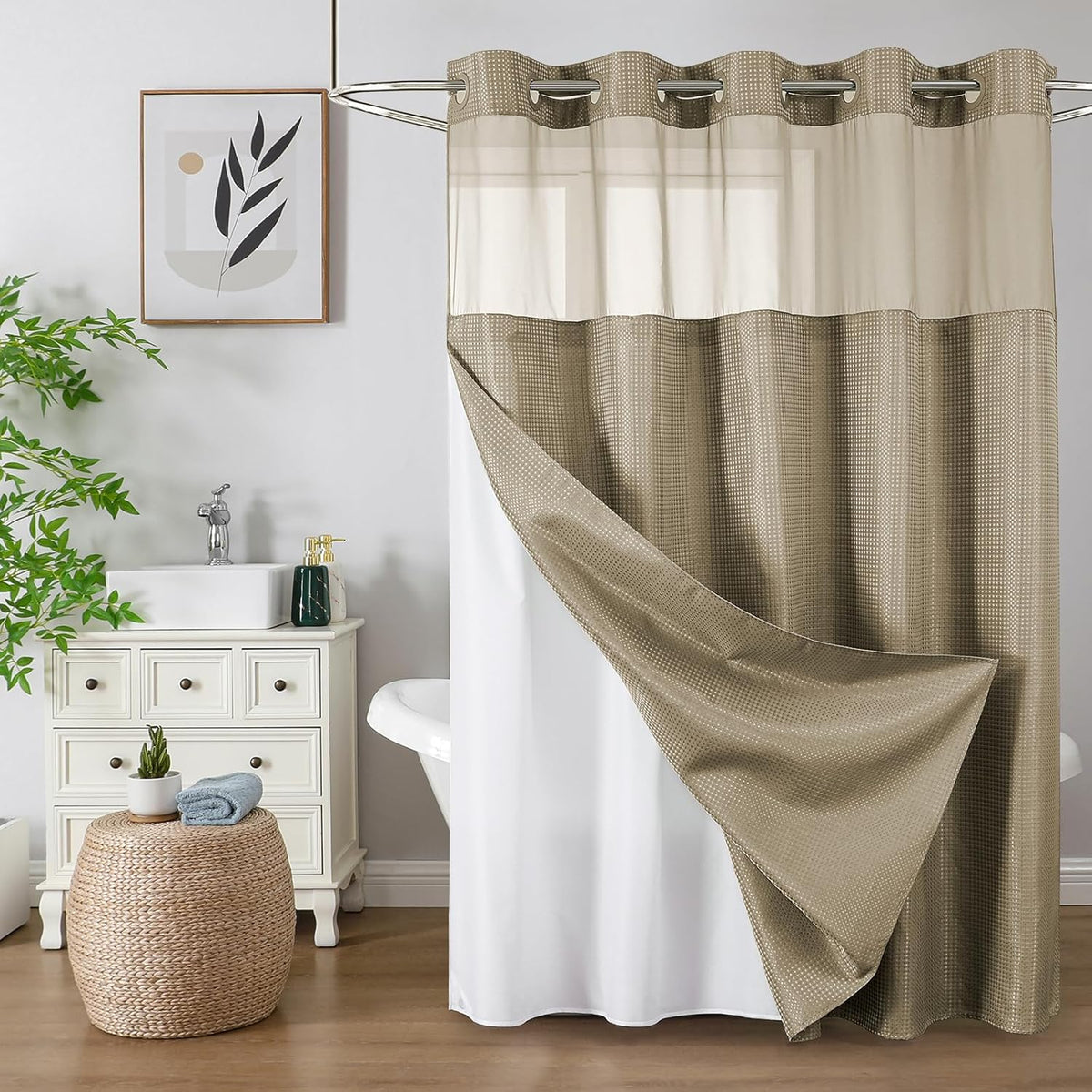 No Hook Waffle Shower Curtain with Snap in Fabric, Waterproof Shower Curtains with See Through Top Window, Hotel Luxury Heavy Duty Bathroom Curtain and Liner Set, 72'' x 75'', Black