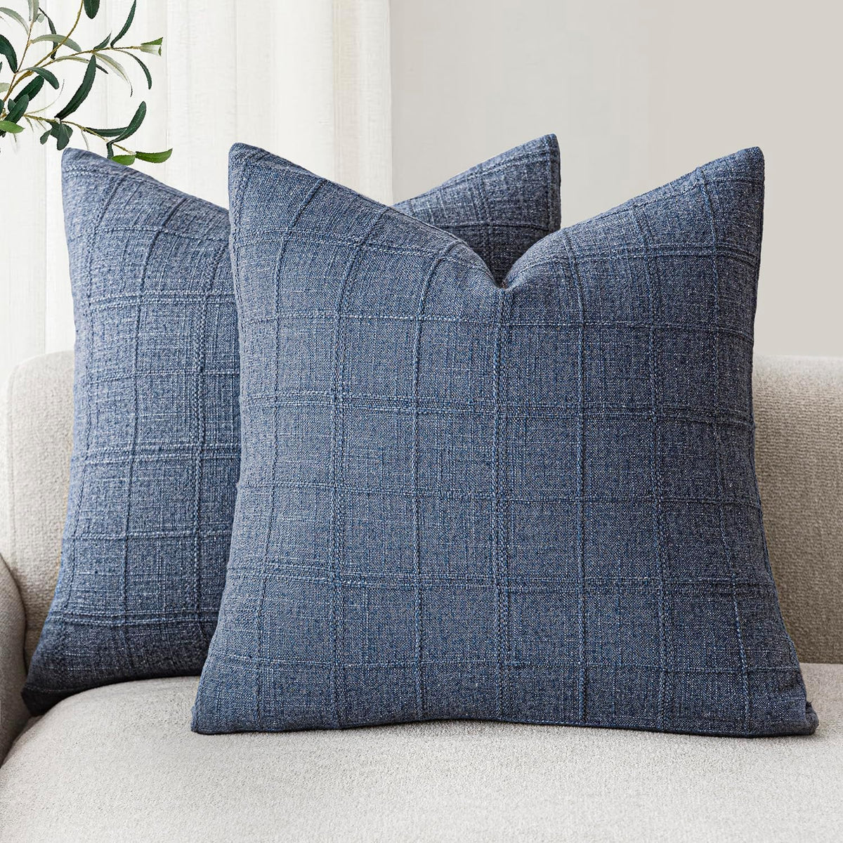 Foindtower Set of 2 Decorative Linen Check Throw Pillow Covers Neutral Farmhouse Vintage Cushion Covers Modern Boho Home Decor for Sofa Chair Couch Bedroom Living Room,18×18 Inch,Natural Beige