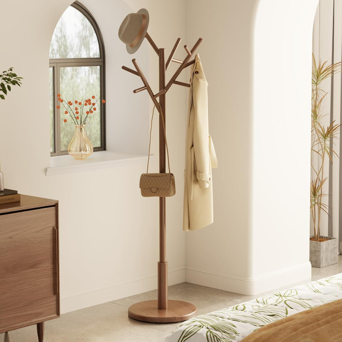 Coat Rack,Solid Wood Coat Rack Freestanding with 12 Hooks,Coat tree freestanding 3 Adjustable Heights for coat, Hats, Handbags，Coat Stand for Entryway,Bedroom (Walnut)