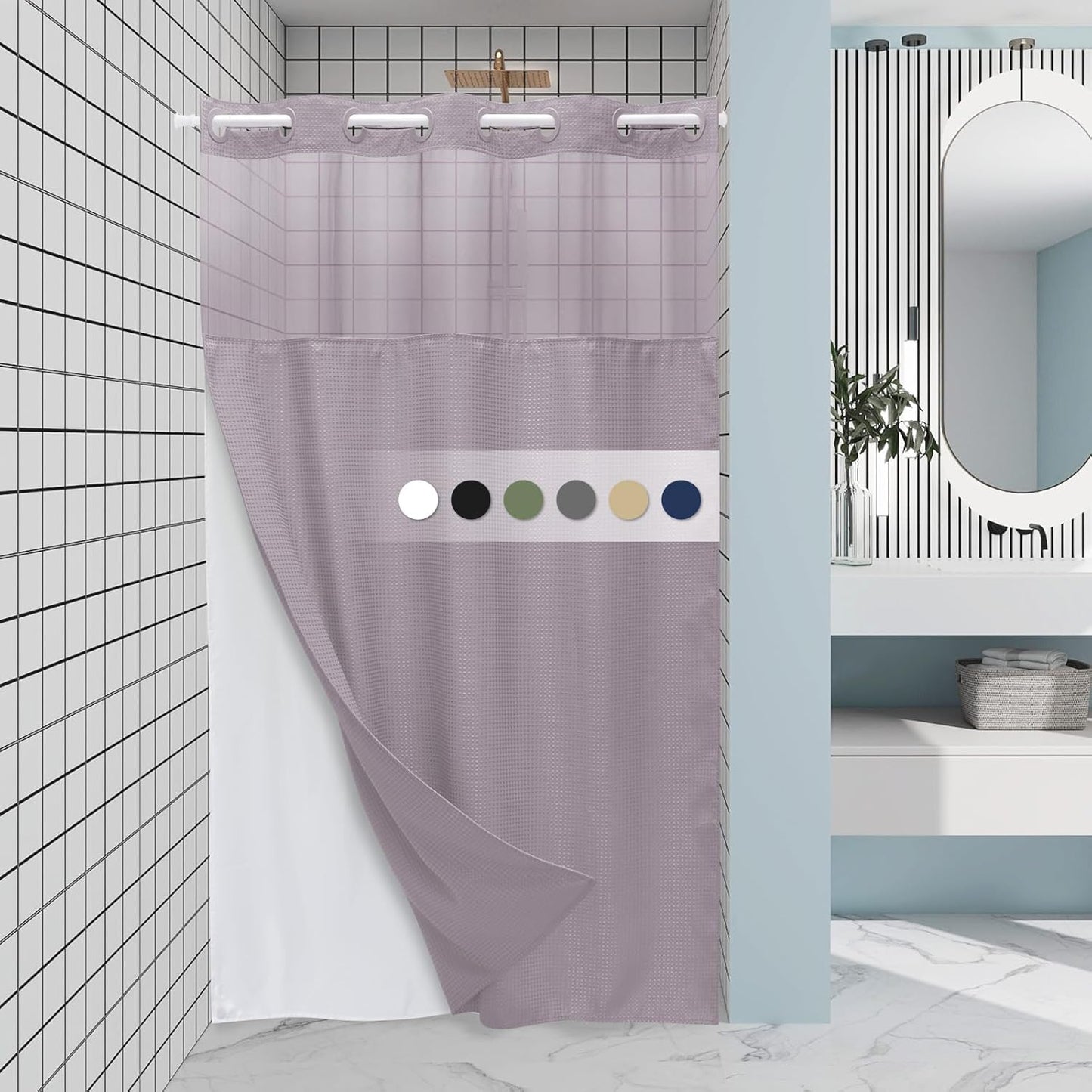 Grey Shower Curtain and Liner Set - 230GSM Waffle Weave Textured Heavy Duty,Hotel Luxury Weighted Bath Curtain,71W x 74H