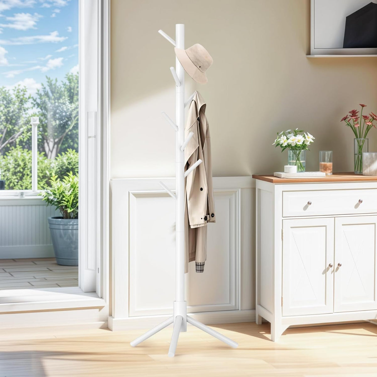 Coat Rack Freestanding with 8 Hooks,Easy Assembly New Zealand Pine Tree Coat Racks, 3 Adjustable Sizes for Clothes, Hats, Bags, for Entryway, Hallway, Bedroom, Office (White, 1 PC)
