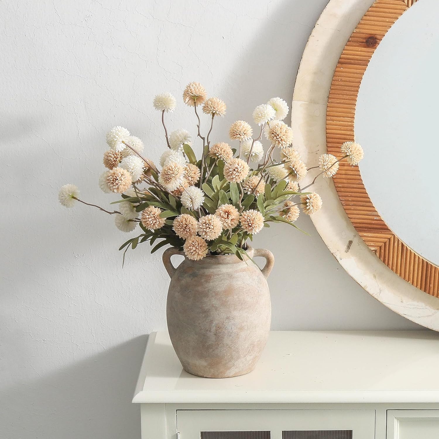 Ceramic Flower Vase 7.6 inch Farmhouse Rustic Vase Decorative Pottery Terracotta Vases for Home Decor Table Mantle Fireplace Living Room Bathroom Wedding Centerpiece (Whitewashed)