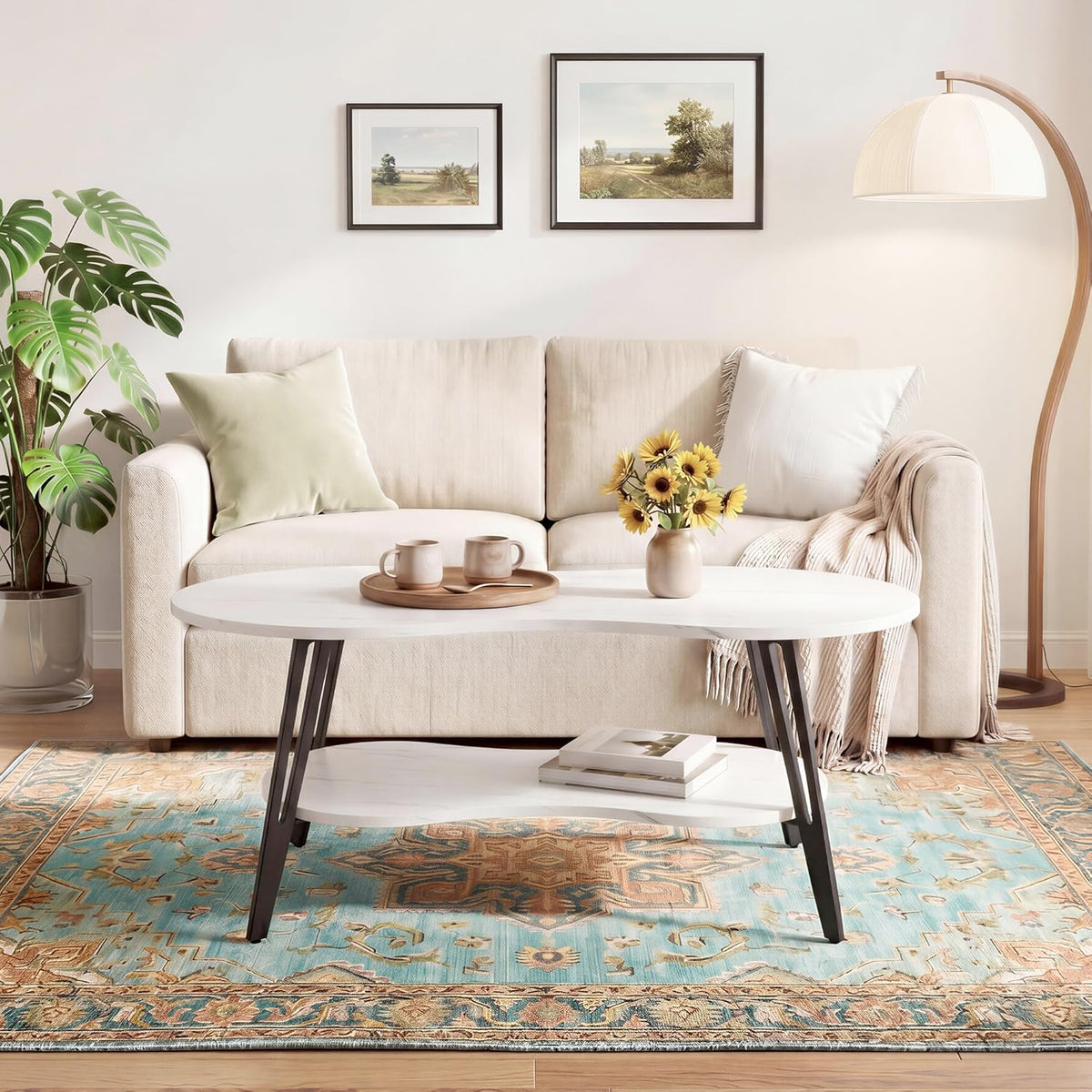 MWOOD Oval Coffee Table, 39.37" Center Table with Storage Shelf and Metal Leg, Waterproof & Scratch-Resistant Dining Table for Living Roome, Bedroom Marble-Patterned