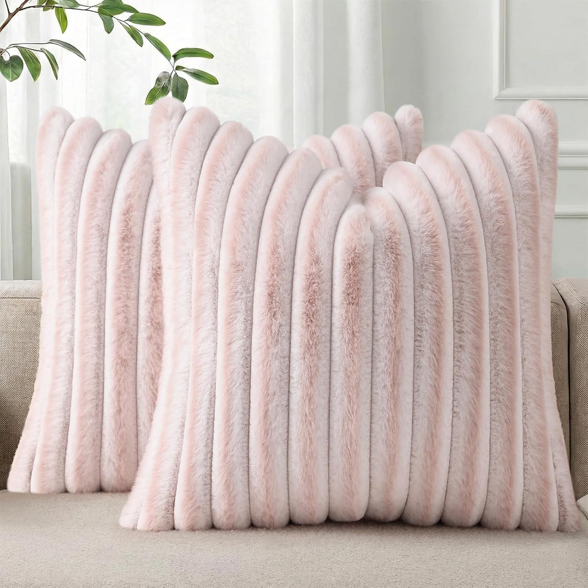 Pallene Faux Fur Plush Throw Pillow Covers 18x18 Set of 2, Luxury Soft Fluffy Striped Decorative Pillow Covers for Sofa, Couch, Living Room, Cream White