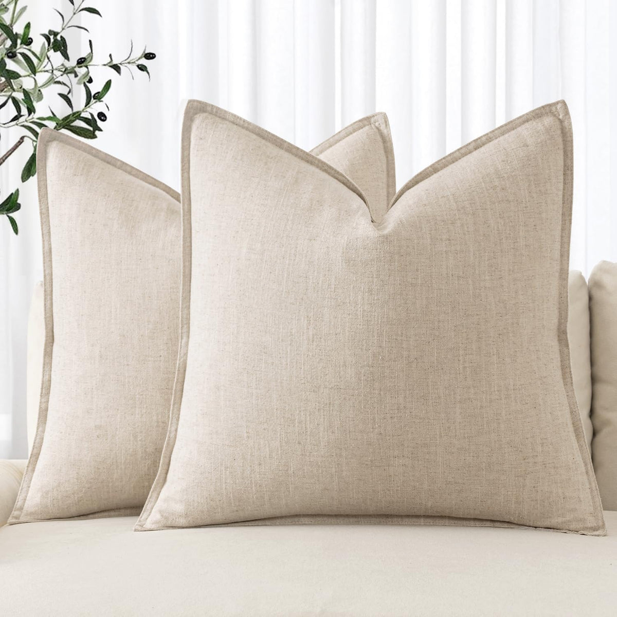 MIULEE Decorative Linen Euro Sham Pillow Covers 24x24 Natural Beige Boho Farmhouse Neutral Couch Throw Pillows for Bed Pack of 2 Accent Modern Pillowcase Sofa Livingroom Home Decor