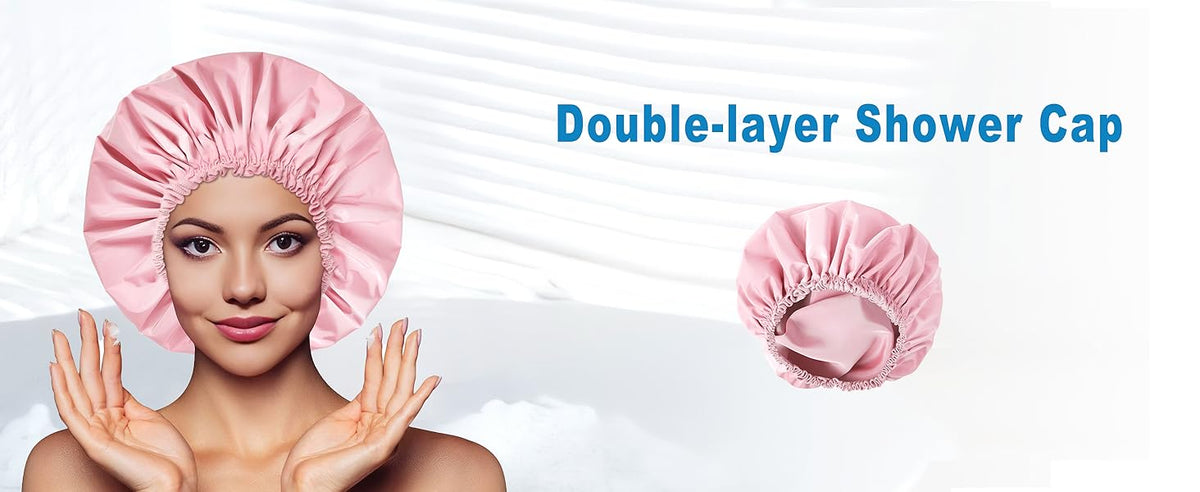 Shower Cap for Women, Double Layer Waterproof Bath Cap, Reusable Hair Protector, Large Waterproof Shower Bonnet Washable Elastic Band Bath Hair Hat for Long Hair, Braids， - Pink