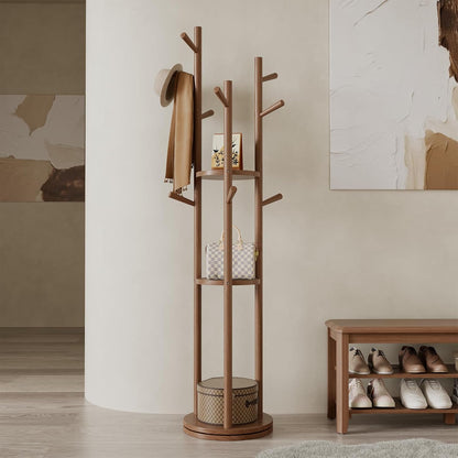 Solid Wood Rotary Coat Rack, Freestanding Coat Rack with 3 Shelves and 9 Hooks, Coat tree for Bedroom, Entryway, Livingroom, Coat Hanger Stand for Coats, Scarves, Handbags (Walnut)