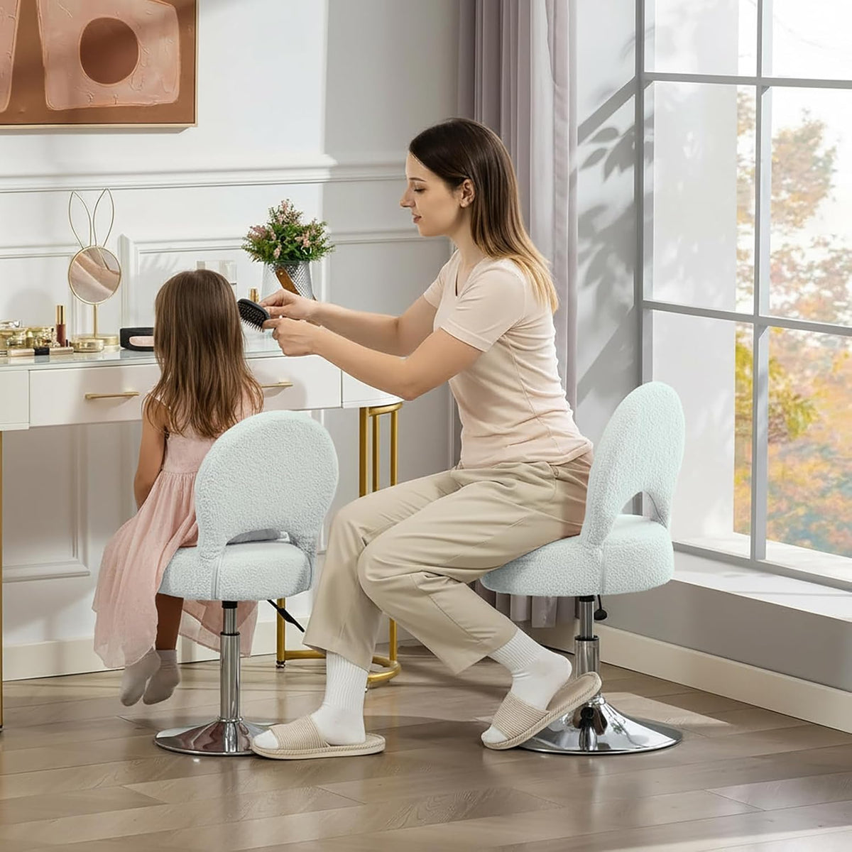 Small Vanity Chair, 360 Swivel Vanity Stool with Folding Back for Teenager, Comfy Teddy Ottoman Stool for Bedroom, Dressing Room, Teddy Fabric, White