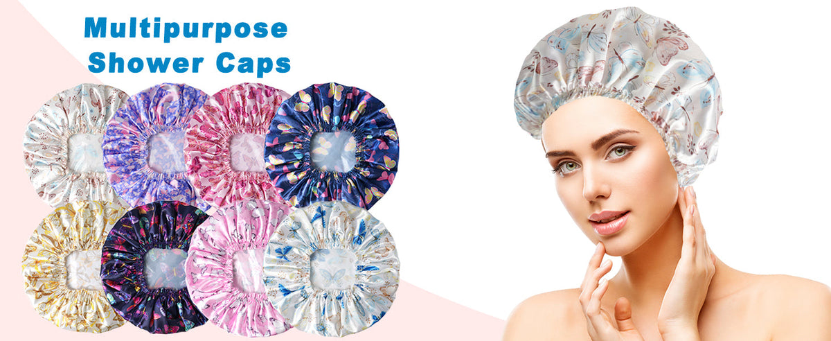 4 PCS Shower Caps for Women, Elastic and Reusable Bath Caps, Double Waterproof Layers Shower Cap, Bathing Shower Caps, Environmental Protection Hair Bath Hat - Printed Color