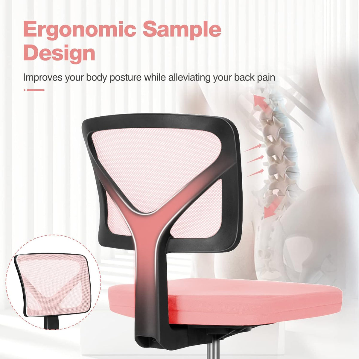 Small Desk Chair, Ergonomic Low-Back Mesh Rolling Work Swivel Chairs with Wheels, Armless Comfortable Seat Lumbar Support for Home, Bedroom, Study, Student, Adults,Classic Pink