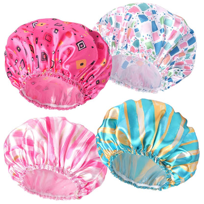 Shower Caps for Women, 4 PCS Elastic and Reusable Bath Caps, Double Waterproof Layers Shower Cap, Bathing Shower Caps, Environmental Protection Hair Bath Hat - Solid Color