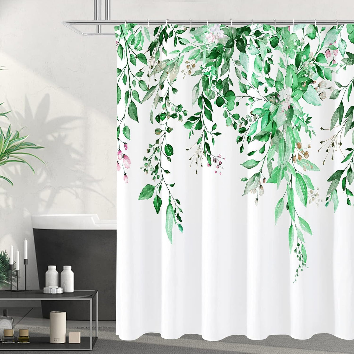 Grey Eucalyptus Shower Curtain, Watercolor Plant Leaves with Floral Bathroom Shower Curtain Set, Gray White, 72x72