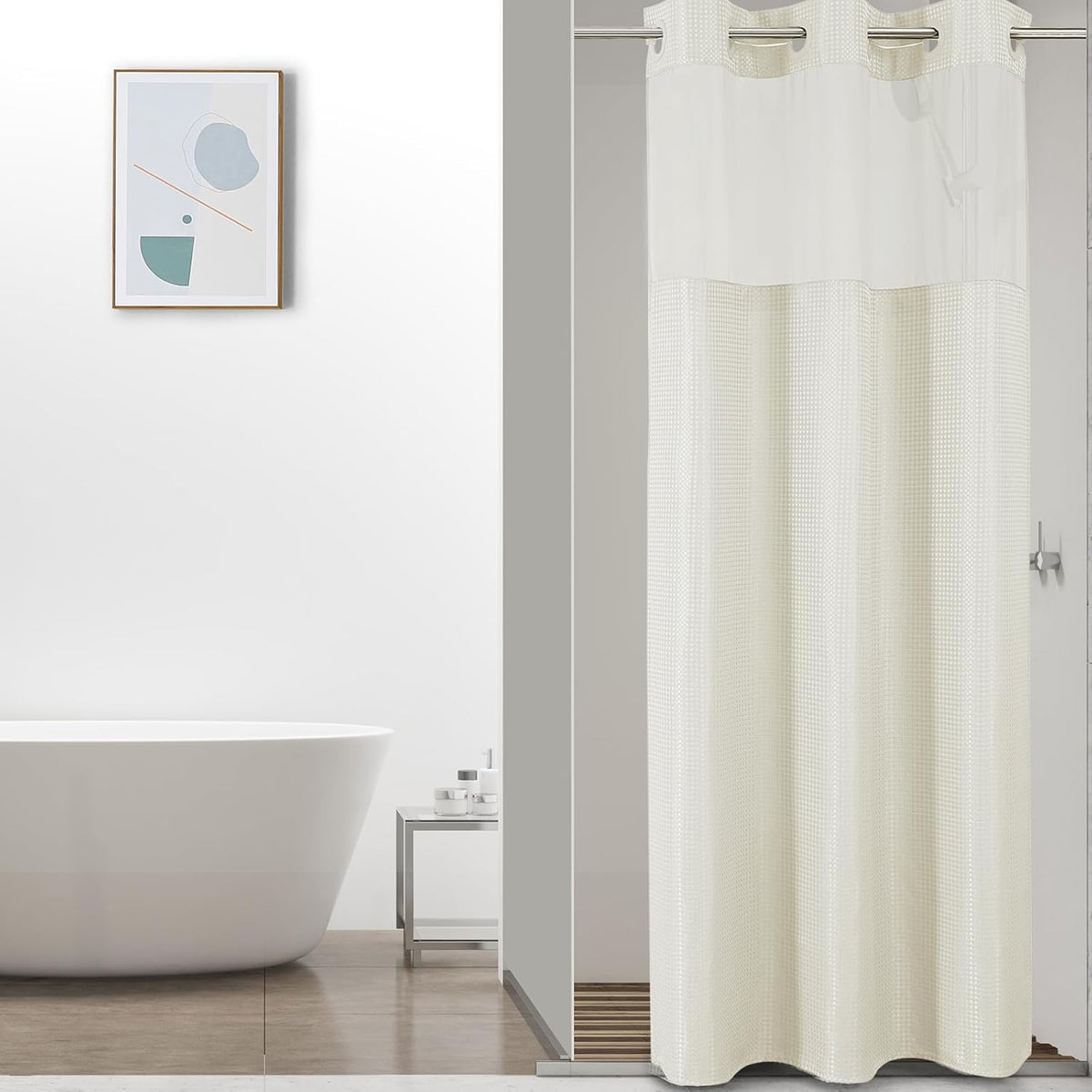 No Hook Waffle Shower Curtain with Snap in Fabric, Waterproof Shower Curtains with See Through Top Window, Hotel Luxury Heavy Duty Bathroom Curtain and Liner Set, 72'' x 75'', Black