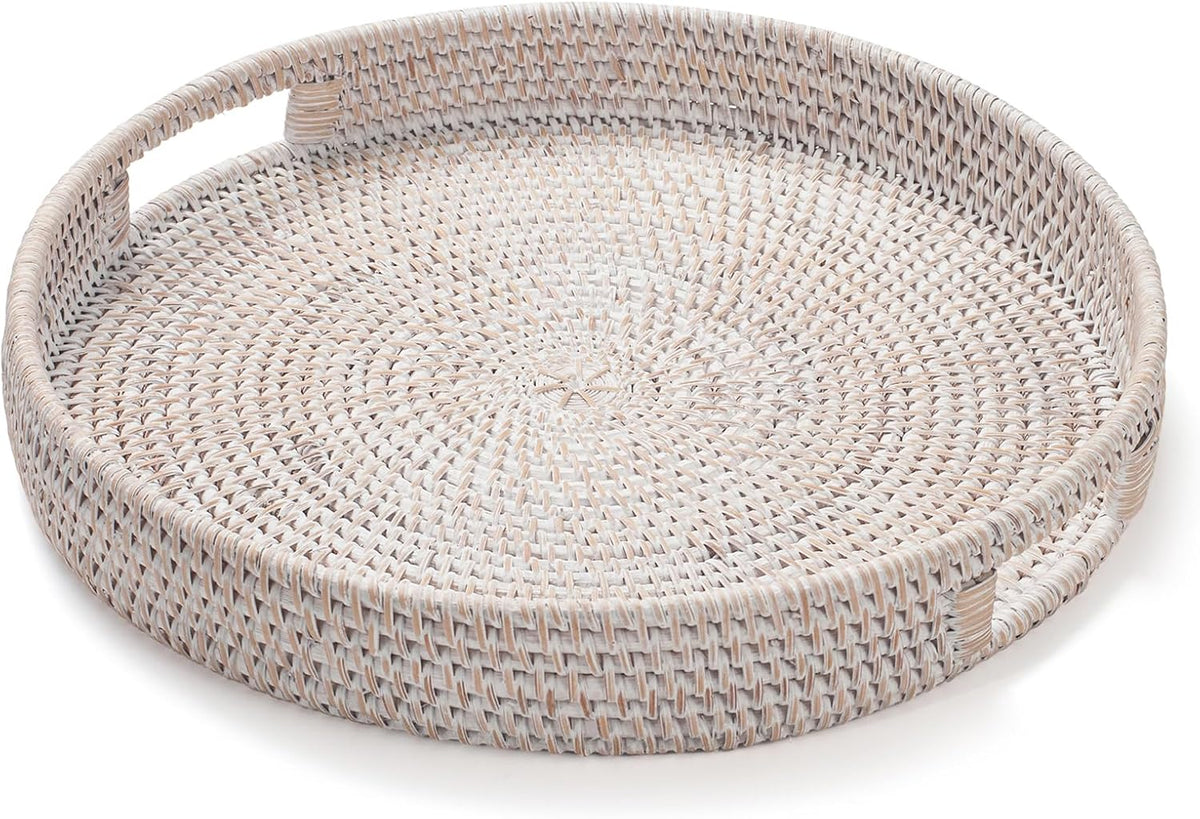 13.8 inch Round Rattan Tray, Decorative Coffee Table Tray, Ottoman Tray, Woven Serving Tray with Handles, Wicker Serving Basket, Whitewash
