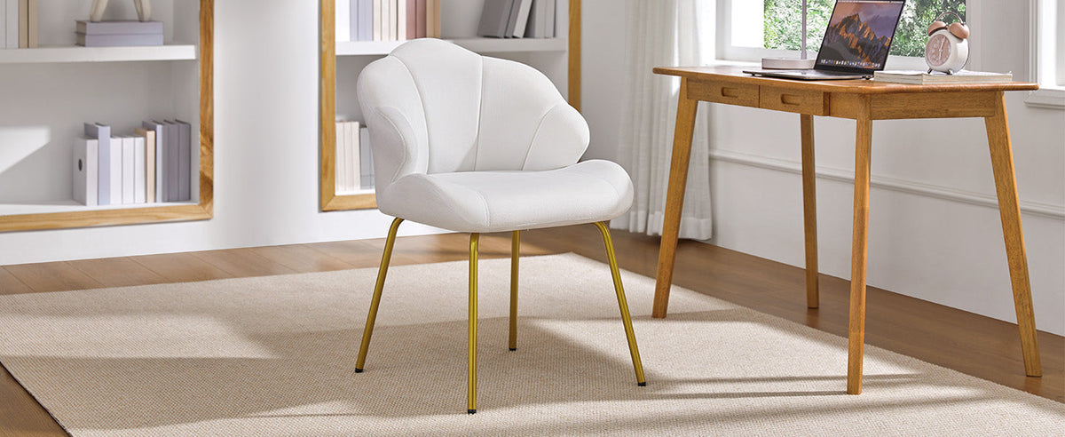 Vanity Chair, Velvet Accent Chair with Shell-Shaped Backrest, Modern Armchair with Gold Metal Legs for Dressing Room/Bedroom/Living Room, White