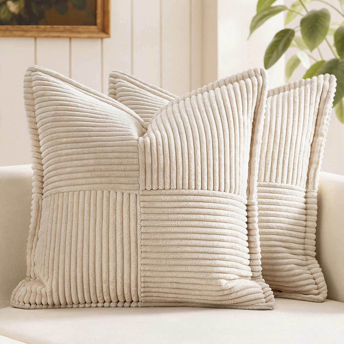MIULEE Decorative Throw Pillow Covers for Couch Bed Livingroom 18x18 Inch Set of 2 Beige Boho Accent Throw Pllows Broadside Striped Patchwork Soft Corduroy Pillowcases
