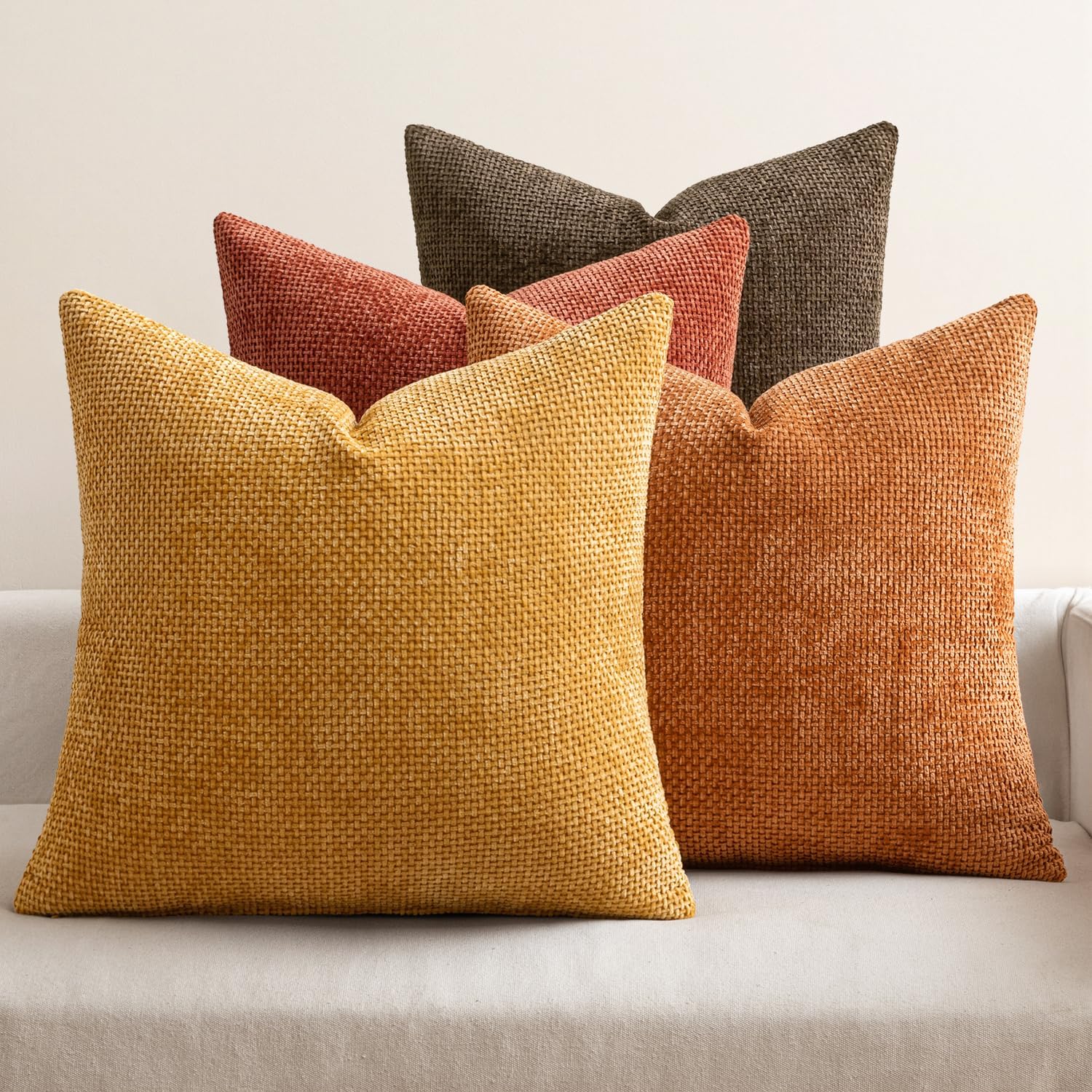 MIULEE Pack of 4 Couch Throw Pillow Covers 18x18 Inch Neutral Soft Decorative Chenille Pillow Covers Farmhouse Boho Cushion Covers for Mid Century Modern Spring Home Decor Sofa Bedroom Living Room
