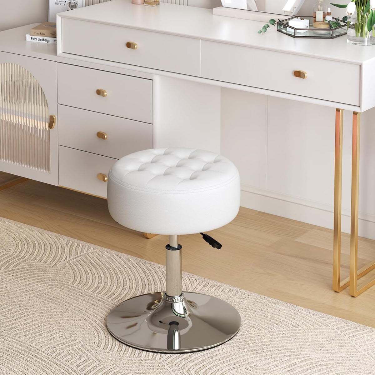 Mid-Century Tufted Adjustable Swivel Makeup Ottoman Stool; Modern Big Size Round Vanity Stool Chair for Bedroom Living Room (White)