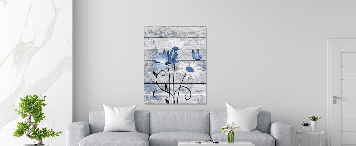 Farmhouse Floral Wall Art for Living Room, Blue and White Daisy Flower and Butterfly on Rustic Wood Board Canvas Wall Art Framed Artwork Ready to Hang for Bathroom Bedroom Decor, 16L X 12W