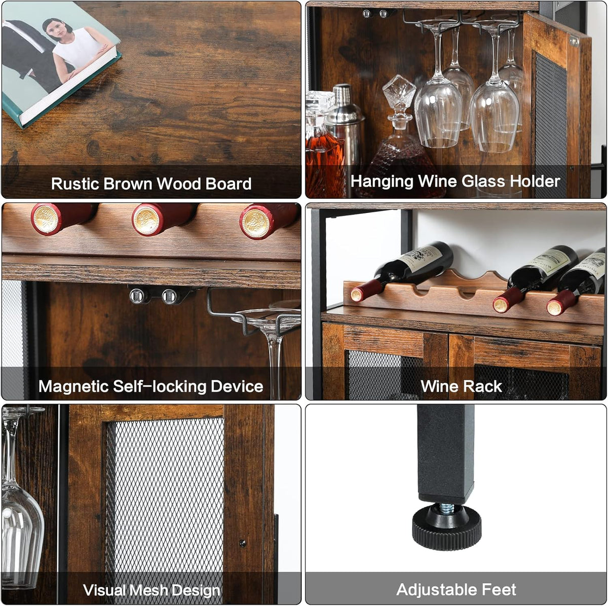 X-cosrack Wine Bar Rack Cabinet with Detachable Wine Rack, Coffee Barwith Glass Holder, Small Sideboard and Buffet Cabinet with Mesh Door, Rustic Brown(Patent Pending)