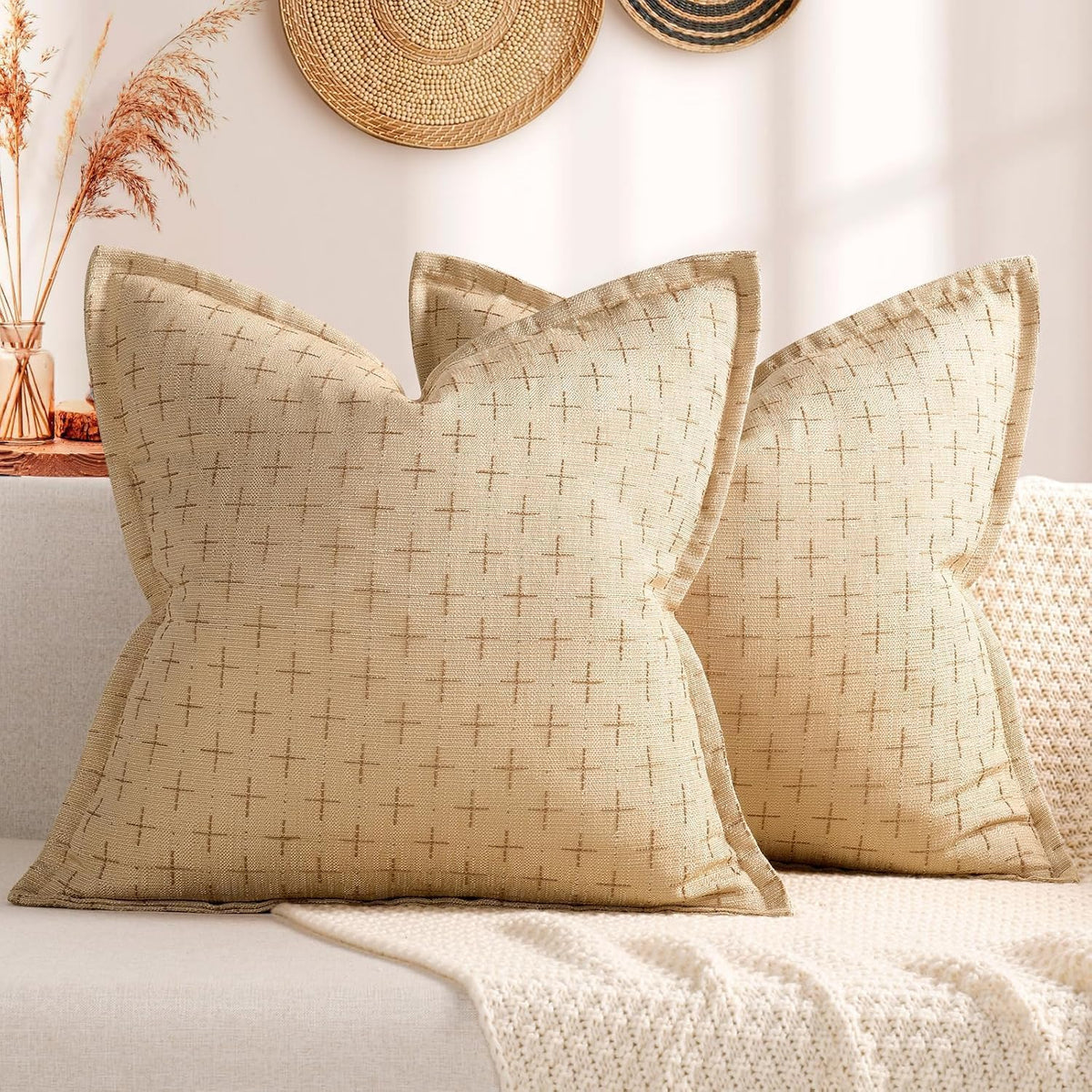 ZWJD Pillow Covers 18x18 Set of 2 Soft Polyester Textured Pillow Covers with Stylish Flange Edge Cozy Farmhouse Throw Pillows for Couch Bed Sofa Living Room