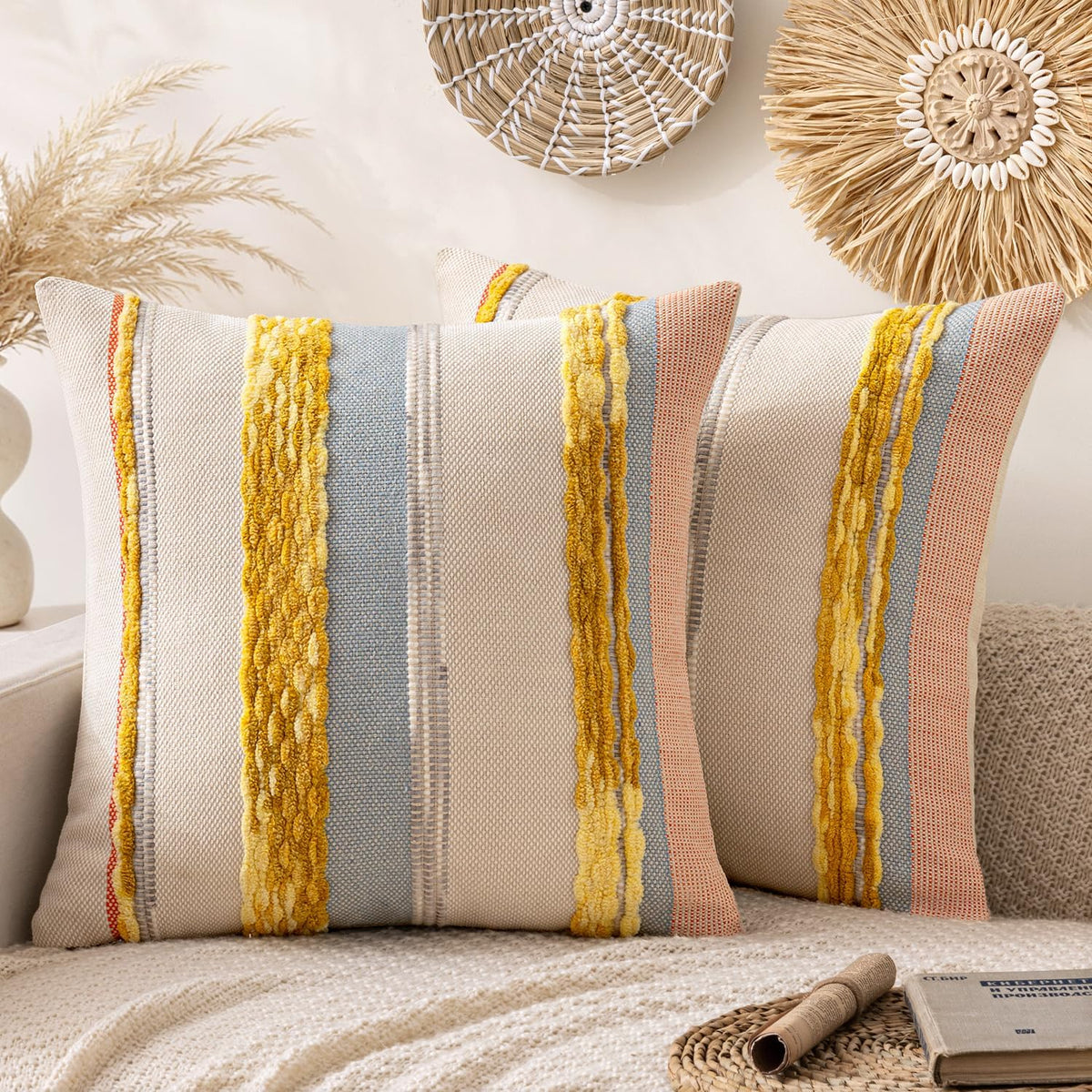 ANRODUO Pack of 2 Boho Decorative Throw Pillow Covers 18x18 Farmhouse Cushion Case Striped Chenille Pillow Cases Square Pillow Covers Accent Neutral Pillowcase for Sofa Couch Bed, Olive Green Stripe