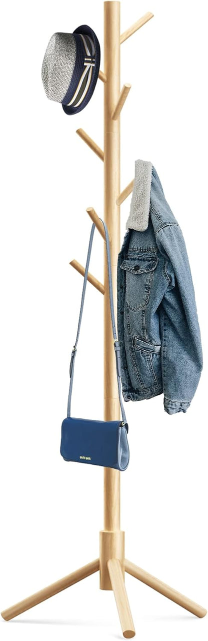 Wooden Tree Coat Rack Stand,Sturdy Freestanding Coat Rack with 8 Hooks,3 Adjustable Height for Child Adult,Wood Coat Stand Tree Fits Entryway Bedroom Office for Bags,Hats