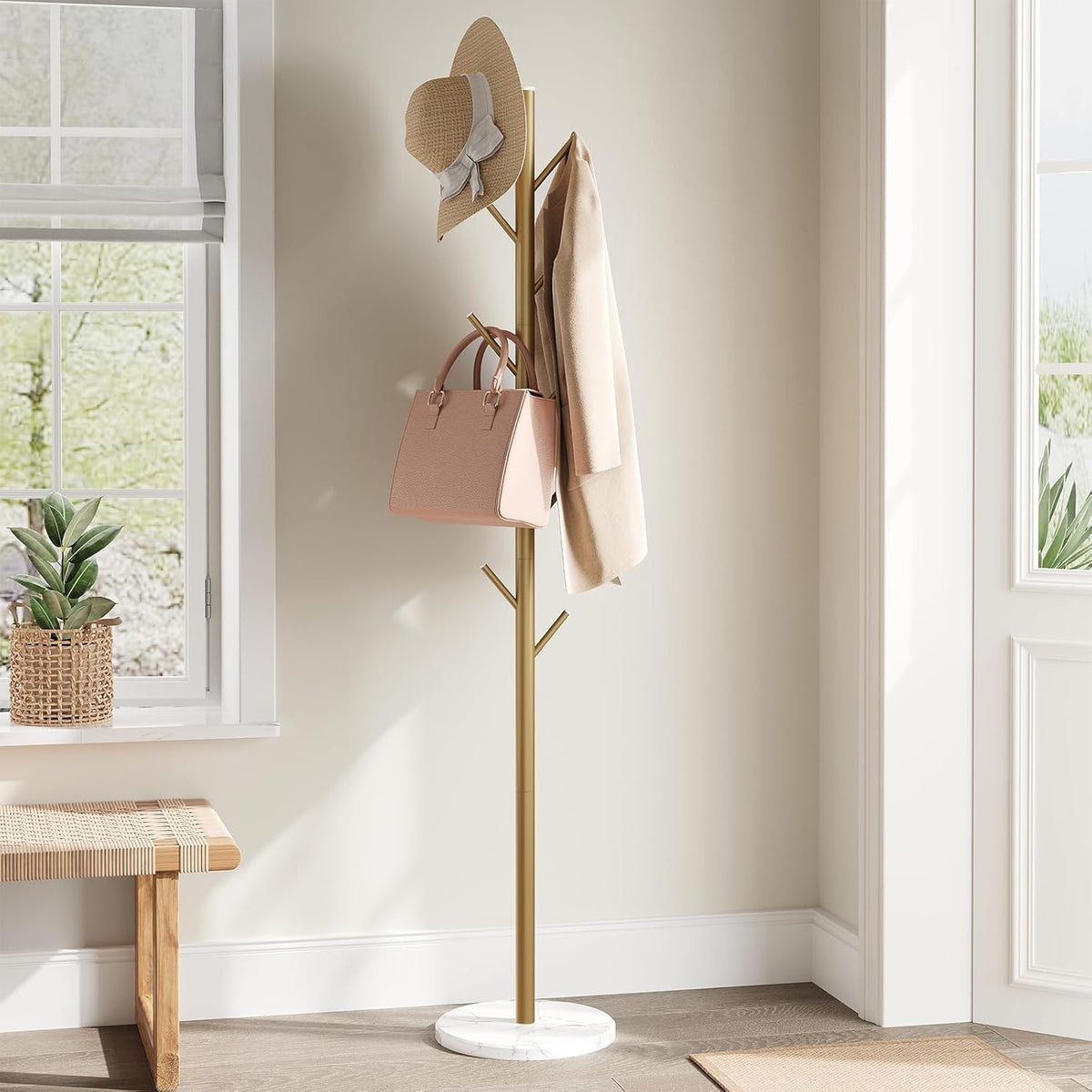 Coat Rack Freestanding with Natural Marble Base, Metal Coat Rack Stand with 10 Hooks, 3 Adjustable Size Coat Tree for Bags, Clothes, and Hats for Entryway, Bedroom, Hallway, Office, Black