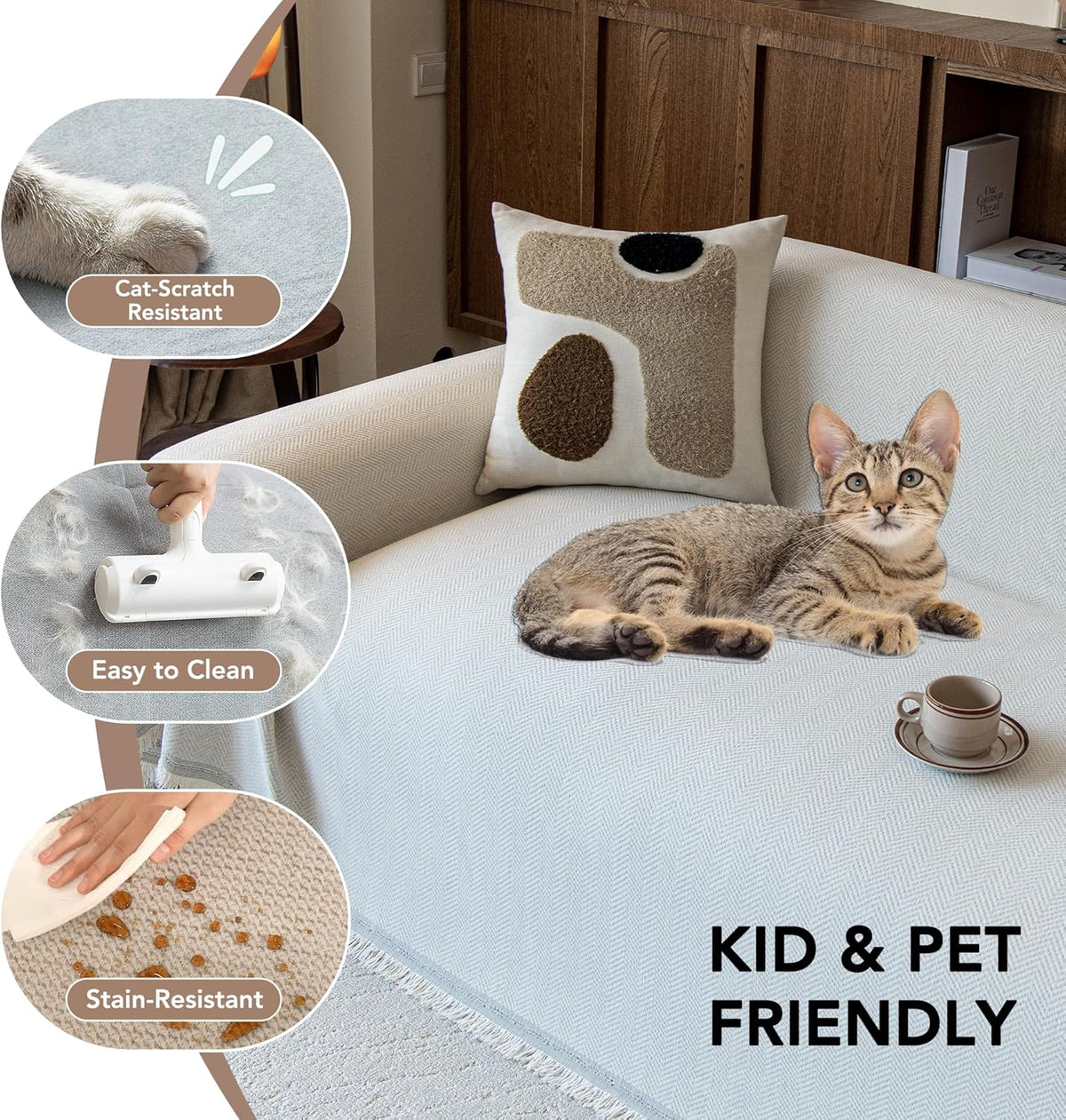 Couch Covers for Dogs 3 Cushion, Loveseat Slipcovers Washable, Pet L Shape Sectional Protector, Boho Sofa Blanket Cover, Herringbone Chenille, Cream, 71"x118"