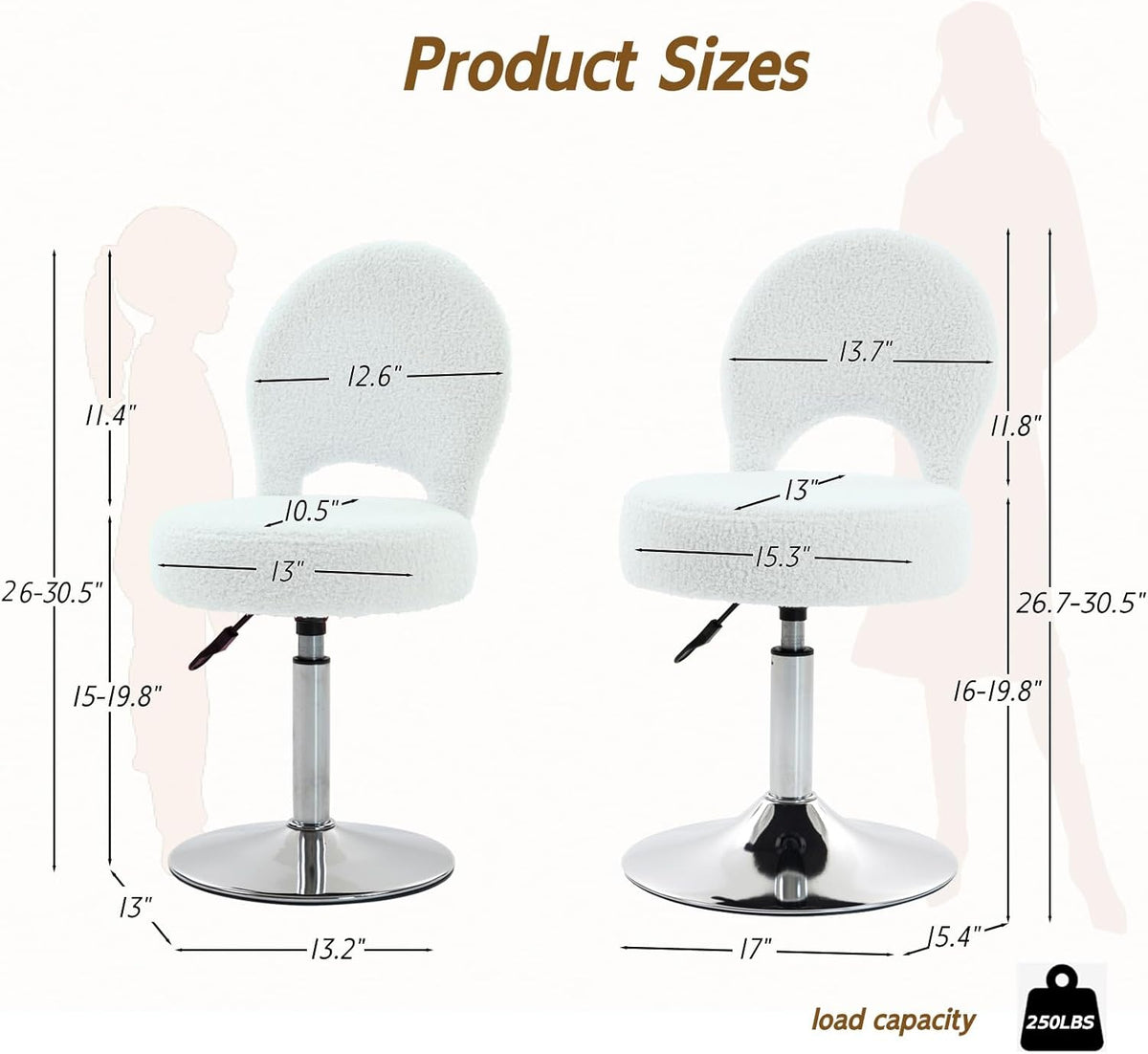Small Vanity Chair, 360 Swivel Vanity Stool with Folding Back for Teenager, Comfy Teddy Ottoman Stool for Bedroom, Dressing Room, Teddy Fabric, White