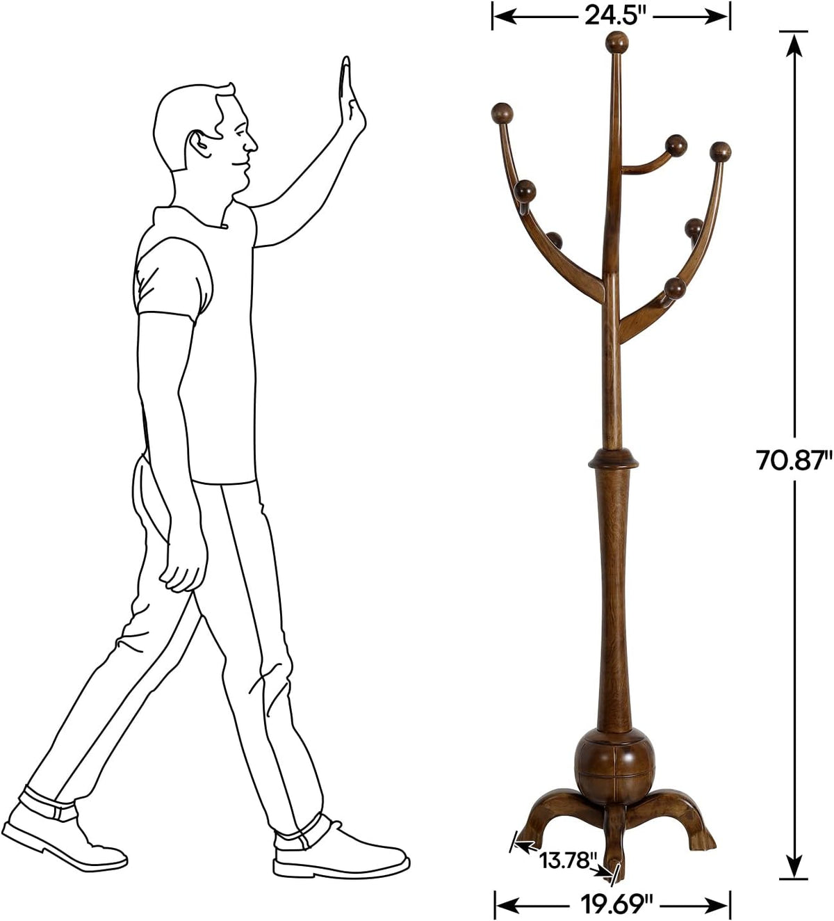 Coat Rack Freestanding Wood Coat Tree Rack with 8 Hooks, Creative Design Tree Branch-look, Standing Coat Rack Clothes Hanger Stand with Stury Base for Entryway, Hallway, Bedroom - Load 160lb (Walnut)