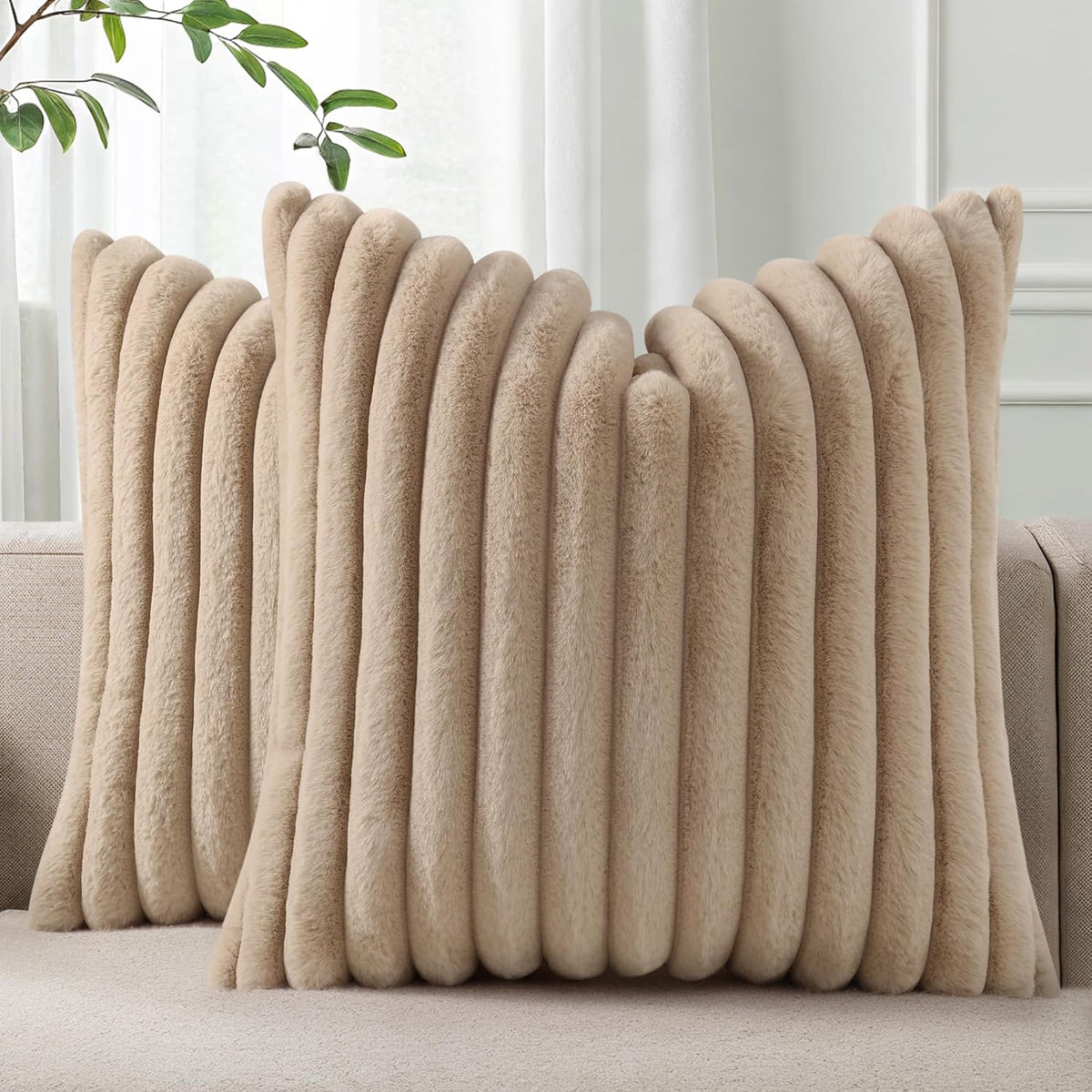 Pallene Faux Fur Plush Throw Pillow Covers 18x18 Set of 2, Luxury Soft Fluffy Striped Decorative Pillow Covers for Sofa, Couch, Living Room, Cream White